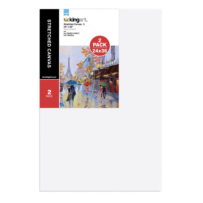 KINGART كانفاس فنان كبير أبيض 24" × 36" مشدود، عبوة من 2، مغطى بجيسو - 100% قطن، كانفاسات مستطيلة، بروفايل 5/8"، مستلزمات فنية للرسم بالزيت والأكريليك - Image 1